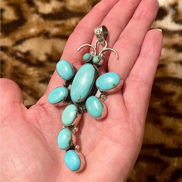 Huge Native American Sterling Silver Turquoise Dragonfly Pendant - Picture 4 of 8